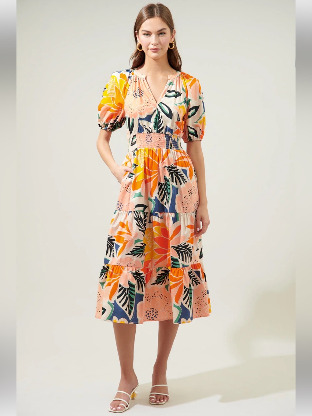 Floral Colorful Puff Sleeve MIdi Dress Summer Full Skirt Hacienda XS SugarLips